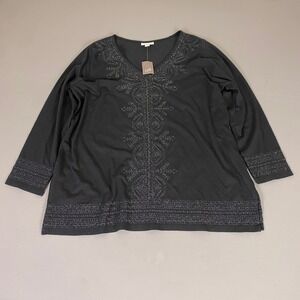 J. Jill Black Tunic Top Blouse Women's LP Petite Embroidered Metallic V-Neck NEW
